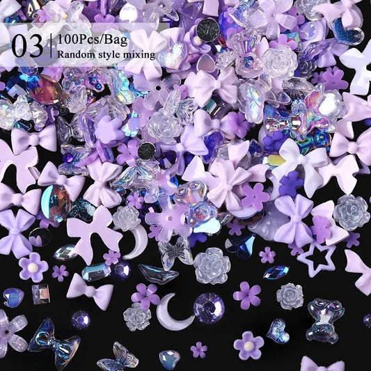 Color: light green - 1Bag Mix Colorful Jelly Clear Ribbon Bowknot Nail Charms Pearl Pink Heart Flower Flat-back Gem Part Nail Art Manicure Decoration
