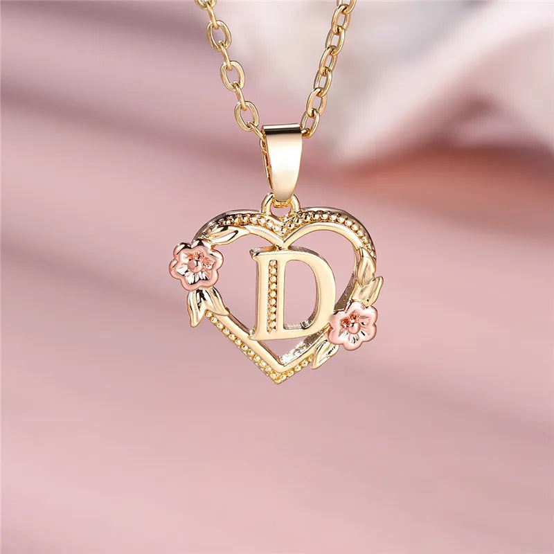 Female A-Z Letter Flower Pendant Necklace Yellow Gold Color Wedding Jewelry Gift For Women - Metal color D