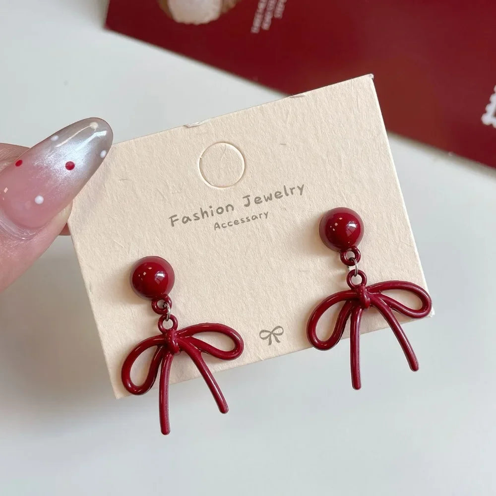 Retro Style Red Bowknot Stud Earrings for Women Girls Simple Earings Piercing Ballet Ribbon Aesthetics Elegant Ear Jewelry Gifts - Metal Color Red