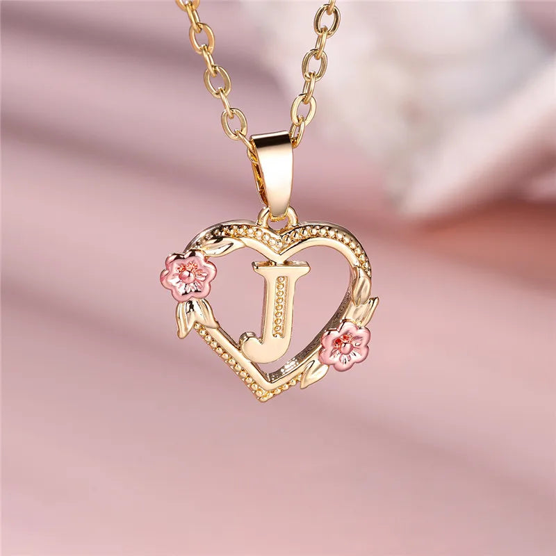 Female A-Z Letter Flower Pendant Necklace Yellow Gold Color Wedding Jewelry Gift For Women - Metal color J