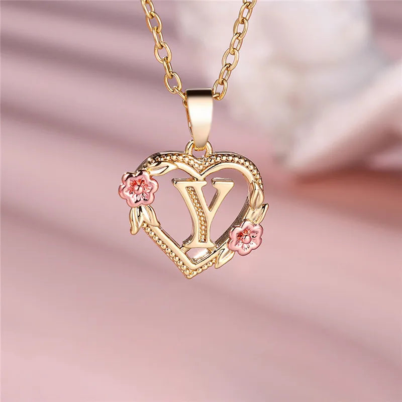 Female A-Z Letter Flower Pendant Necklace Yellow Gold Color Wedding Jewelry Gift For Women - Metal color Y