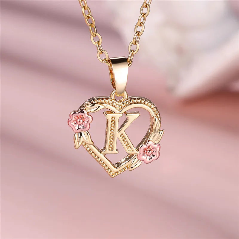 Female A-Z Letter Flower Pendant Necklace Yellow Gold Color Wedding Jewelry Gift For Women - Metal color K
