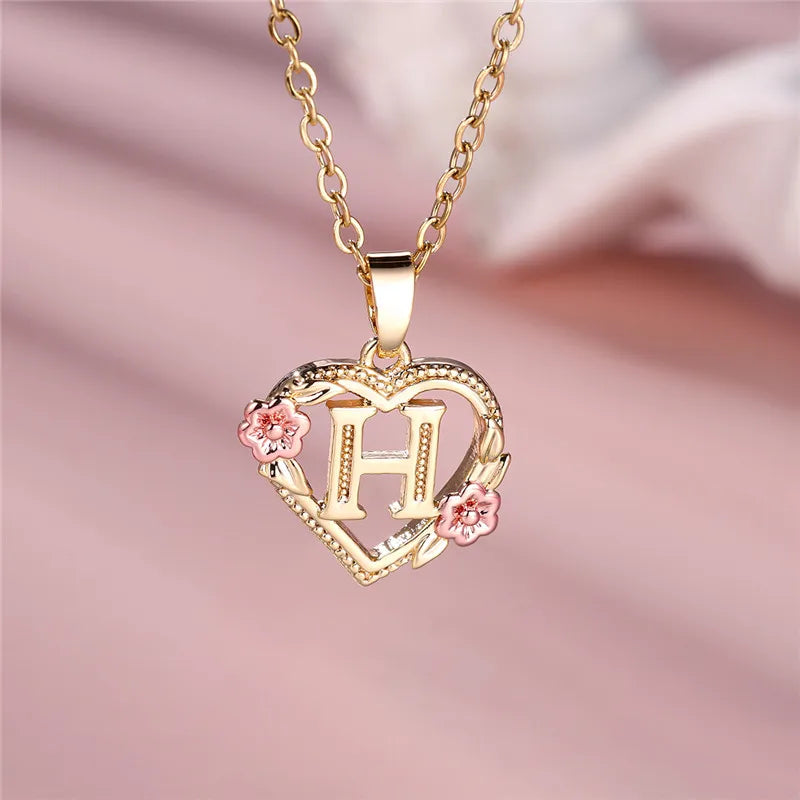 Female A-Z Letter Flower Pendant Necklace Yellow Gold Color Wedding Jewelry Gift For Women - Metal color H