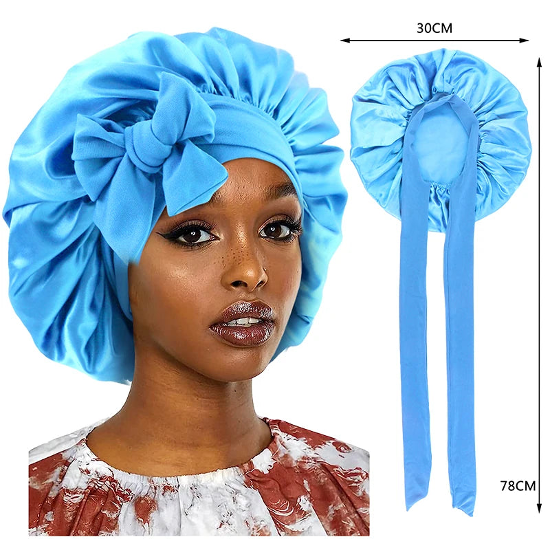 New Satin Sleeping Cap For Women Solid Wide Band Stretch Head Tie Silky Bonnet Edge Wrap Nightcap Hair Care Shower Head Cover - Color SKY BLUE