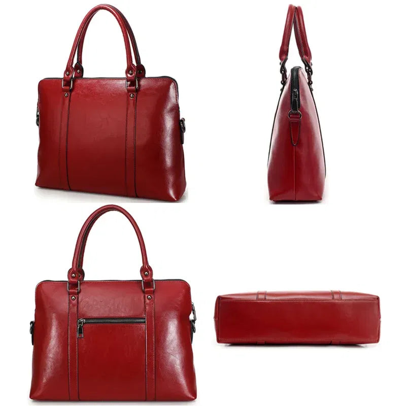 Color: Red - Oyixinger New 100% Genuine Leather Briefcase For Woman 14 inch Laptop Bag Women's Handbags Office Ladies Shoulder Messenger Bags