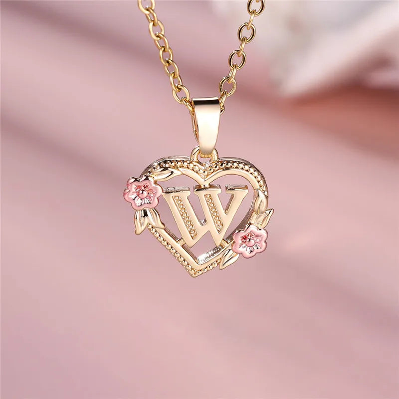 Female A-Z Letter Flower Pendant Necklace Yellow Gold Color Wedding Jewelry Gift For Women - Metal color W