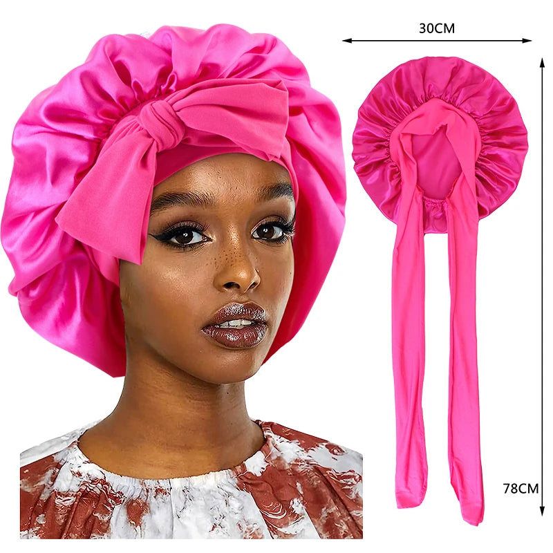 New Satin Sleeping Cap For Women Solid Wide Band Stretch Head Tie Silky Bonnet Edge Wrap Nightcap Hair Care Shower Head Cover - Color Lavender