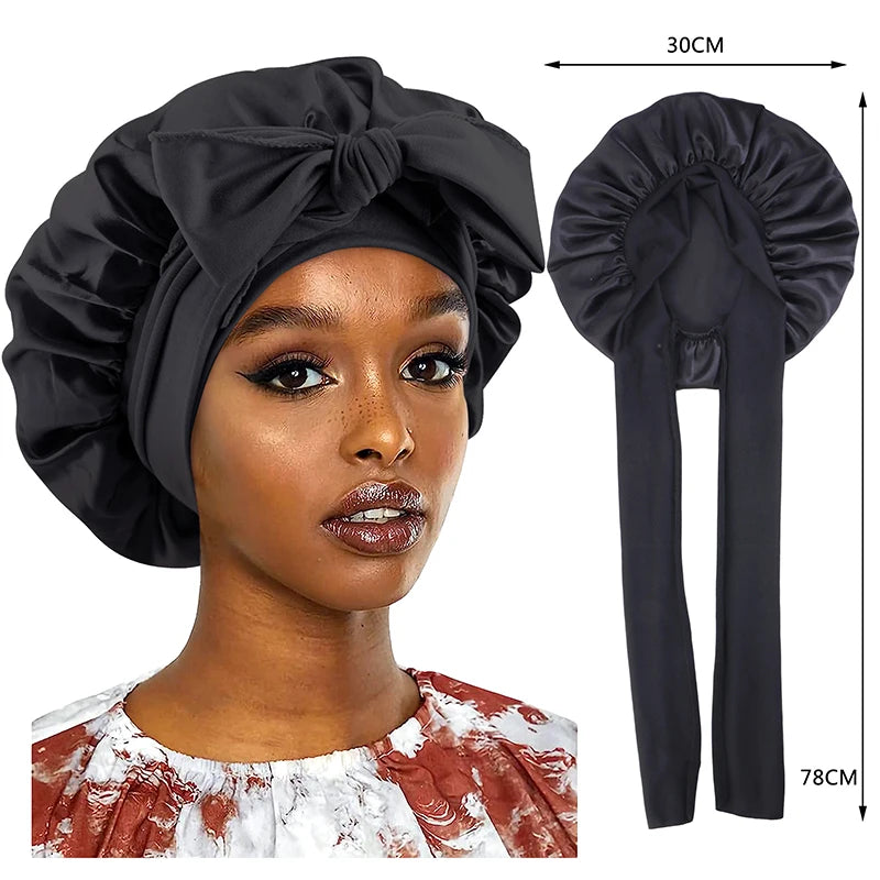 New Satin Sleeping Cap For Women Solid Wide Band Stretch Head Tie Silky Bonnet Edge Wrap Nightcap Hair Care Shower Head Cover - Color black
