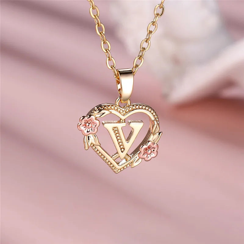 Female A-Z Letter Flower Pendant Necklace Yellow Gold Color Wedding Jewelry Gift For Women - Metal color V