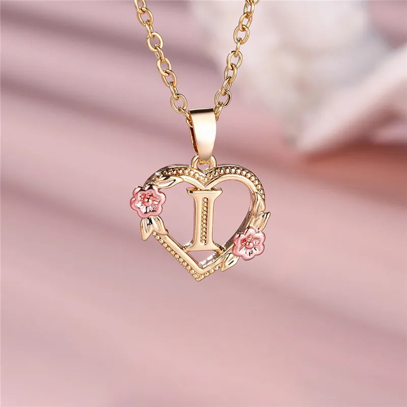 Female A-Z Letter Flower Pendant Necklace Yellow Gold Color Wedding Jewelry Gift For Women - Metal color I