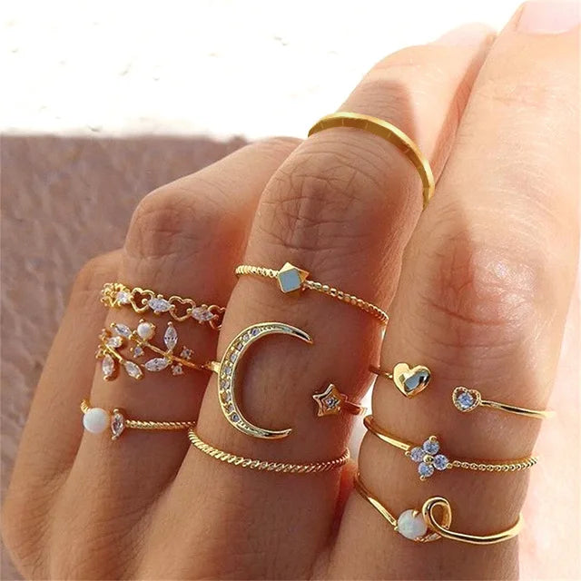 Bohemian Butterfly Pearl Rings Set for Women Shine Pearl Gothic Vintage Plated Retro Rhinestone Simple Finger Jewelry Gift - Main Stone Color X55339