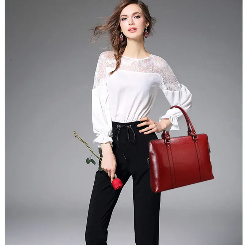 Color: Red - Oyixinger New 100% Genuine Leather Briefcase For Woman 14 inch Laptop Bag Women's Handbags Office Ladies Shoulder Messenger Bags