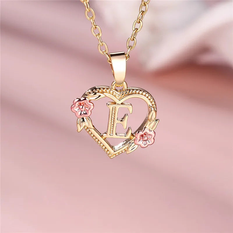 Female A-Z Letter Flower Pendant Necklace Yellow Gold Color Wedding Jewelry Gift For Women - Metal color E