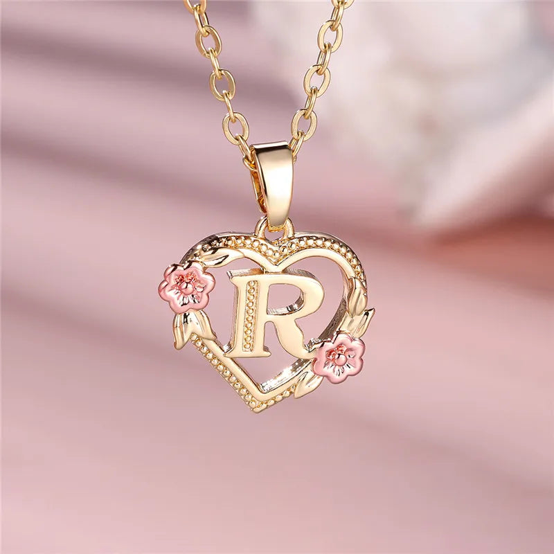 Female A-Z Letter Flower Pendant Necklace Yellow Gold Color Wedding Jewelry Gift For Women - Metal color R