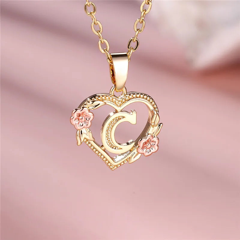 Female A-Z Letter Flower Pendant Necklace Yellow Gold Color Wedding Jewelry Gift For Women - Metal color C
