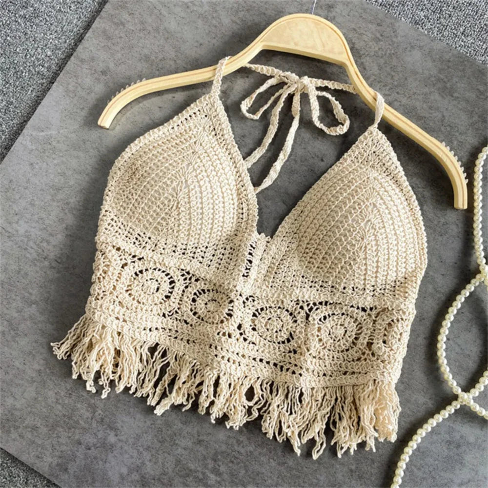 Women's Boho Fringe Backless Halter Tie Neck Underwear Outerwear with Neck Hanging Embroidery Tassel Suspender Vest Short Tank - Color Beige