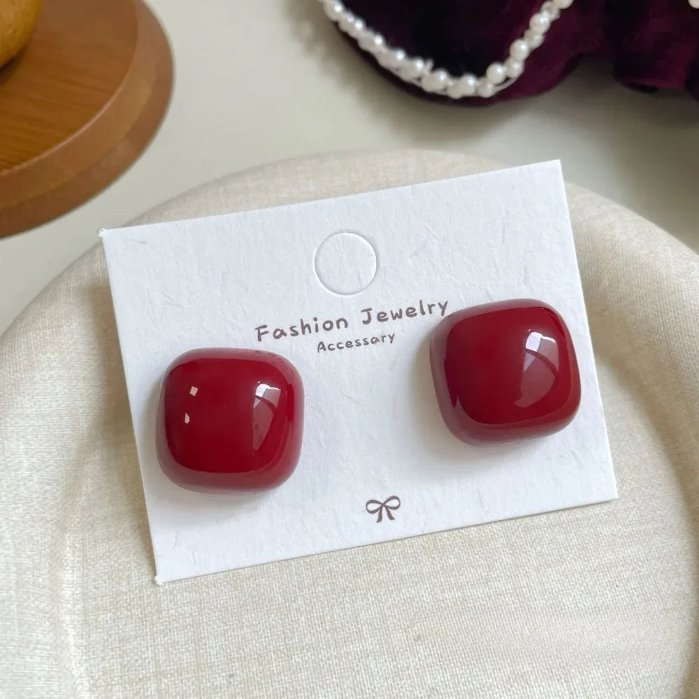 Retro Style Red Bowknot Stud Earrings for Women Girls Simple Earings Piercing Ballet Ribbon Aesthetics Elegant Ear Jewelry Gifts - Metal Color Square