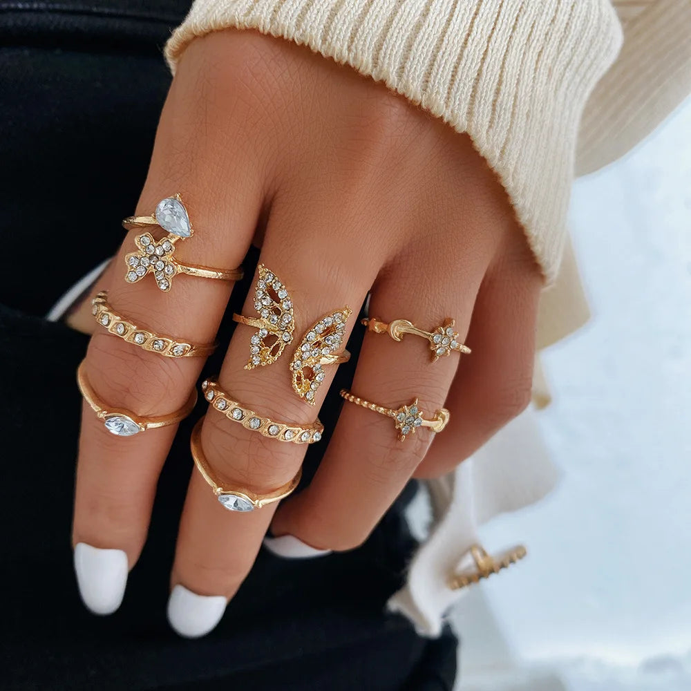 Bohemian Butterfly Pearl Rings Set for Women Shine Pearl Gothic Vintage Plated Retro Rhinestone Simple Finger Jewelry Gift - Main Stone Color 5598301