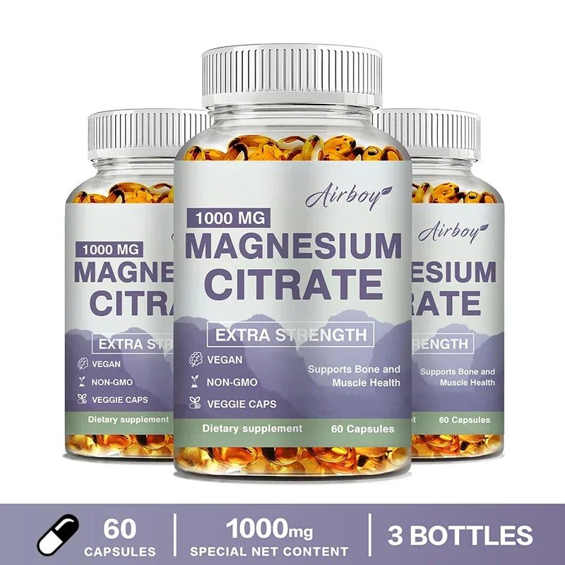 Magnesium Citrate - Supplement for Stress, Relaxation, Bone, Sleep, Heart Health, Nerve, Muscle & Metabolism - Package 60 Capsule-3bottles