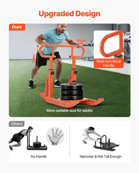 Weight Sled, Steel Power Sled, Fitness Training Sleds for Athletic Exercise Speed Improvement, Workout Equipment with Adjustable Height Handle, Compatible with 1/2 in Weight Plates, Orange