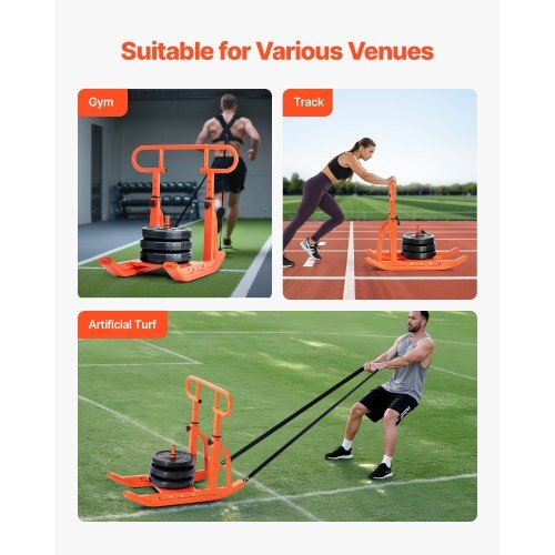Weight Sled, Steel Power Sled, Fitness Training Sleds for Athletic Exercise Speed Improvement, Workout Equipment with Adjustable Height Handle, Compatible with 1/2 in Weight Plates, Orange