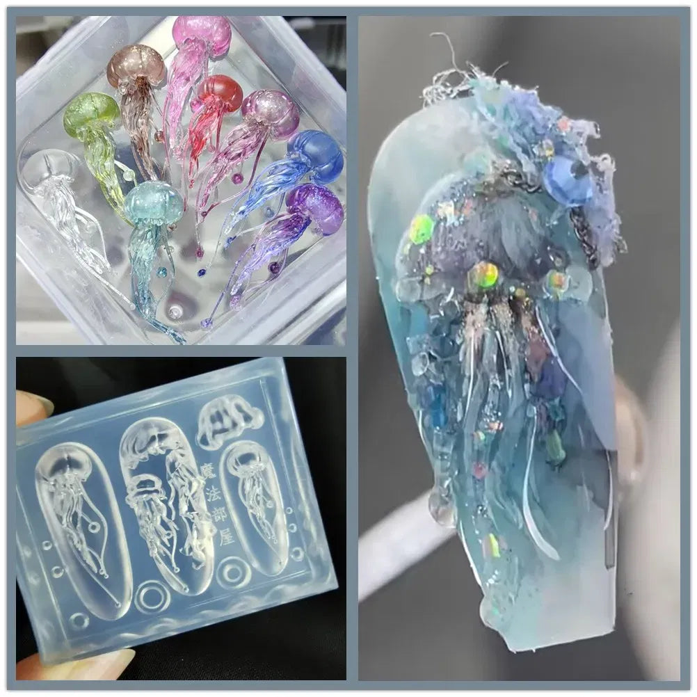 Color: mauve - 1pc Marine Jellyfish  Lace Ice Flowers 3D Acrylic Nail Mold Nail Art  Silicone Stamping Plates  Nail Accessories