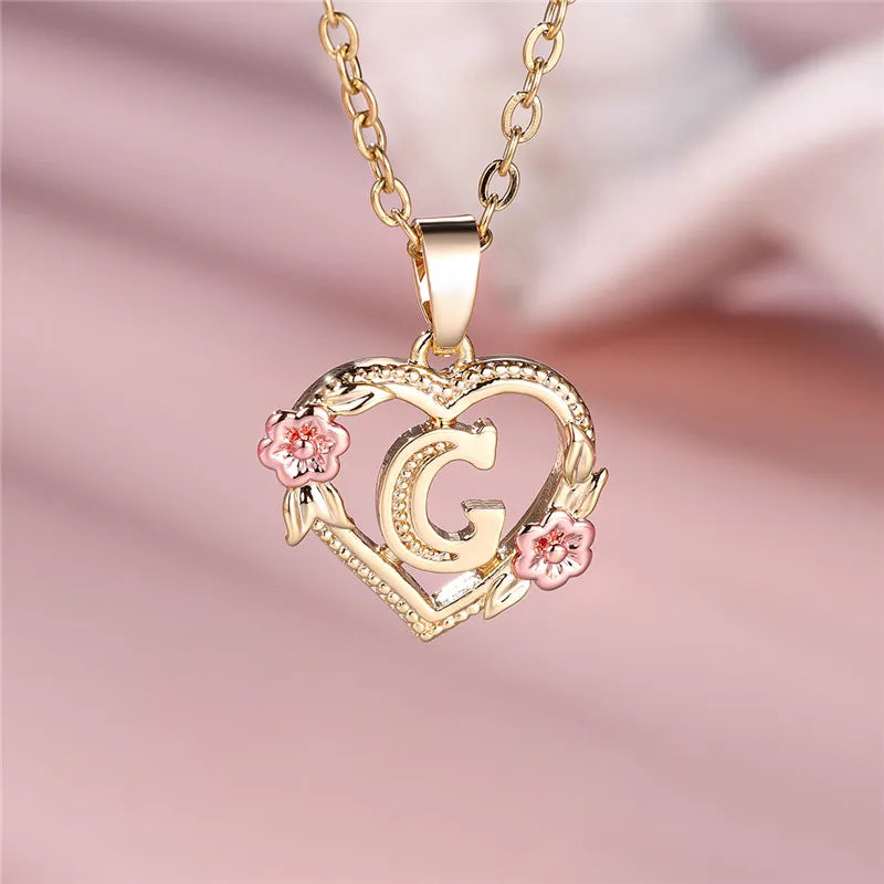 Female A-Z Letter Flower Pendant Necklace Yellow Gold Color Wedding Jewelry Gift For Women - Metal color G