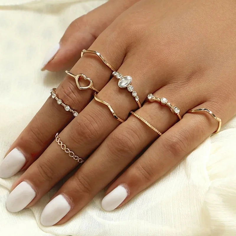 Bohemian Butterfly Pearl Rings Set for Women Shine Pearl Gothic Vintage Plated Retro Rhinestone Simple Finger Jewelry Gift - Main Stone Color 50028