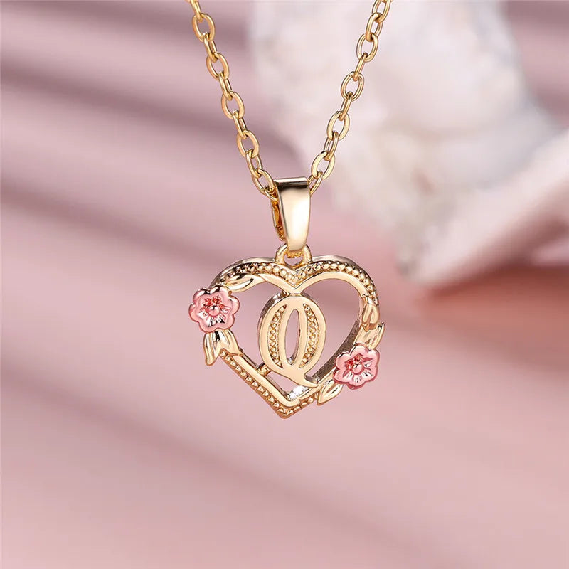 Female A-Z Letter Flower Pendant Necklace Yellow Gold Color Wedding Jewelry Gift For Women - Metal color Q