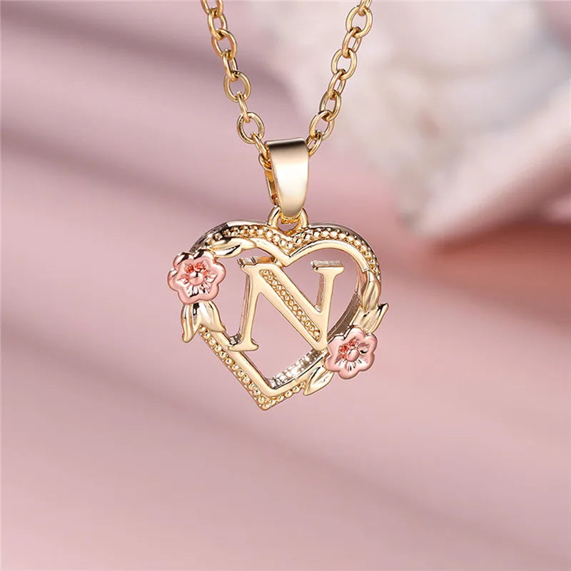 Female A-Z Letter Flower Pendant Necklace Yellow Gold Color Wedding Jewelry Gift For Women - Metal color N