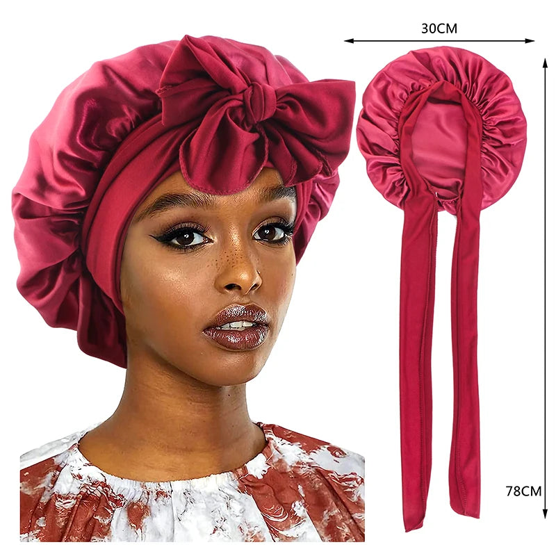 New Satin Sleeping Cap For Women Solid Wide Band Stretch Head Tie Silky Bonnet Edge Wrap Nightcap Hair Care Shower Head Cover - Color Wine red