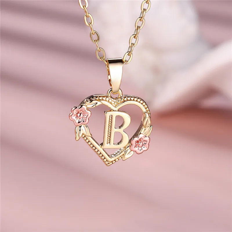 Female A-Z Letter Flower Pendant Necklace Yellow Gold Color Wedding Jewelry Gift For Women - Metal color B