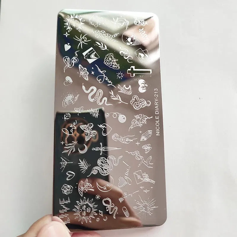 Color: Brown - Cute Cartoon Animal Nail Stamping Plates Cartoon Cat Mermaid Girl Gragon Brand Image Stainless Steel Stencil Nail Art Template