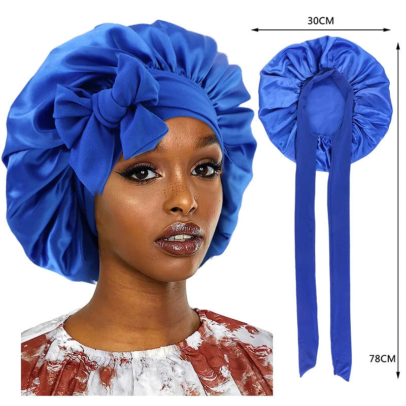 New Satin Sleeping Cap For Women Solid Wide Band Stretch Head Tie Silky Bonnet Edge Wrap Nightcap Hair Care Shower Head Cover - Color Royal blue
