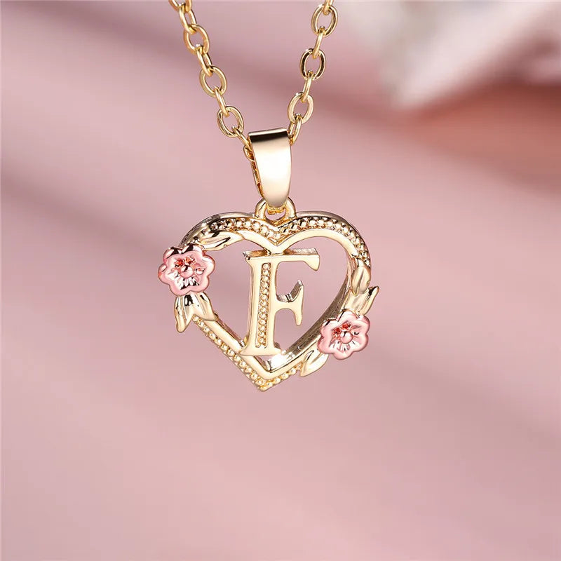 Female A-Z Letter Flower Pendant Necklace Yellow Gold Color Wedding Jewelry Gift For Women - Metal color F