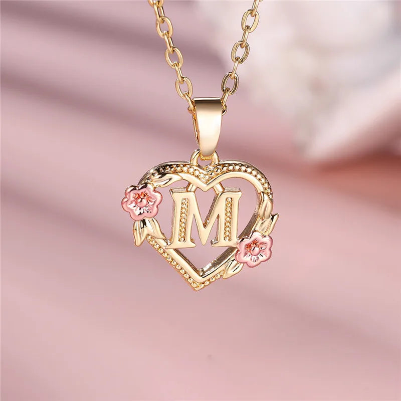 Female A-Z Letter Flower Pendant Necklace Yellow Gold Color Wedding Jewelry Gift For Women - Metal color M