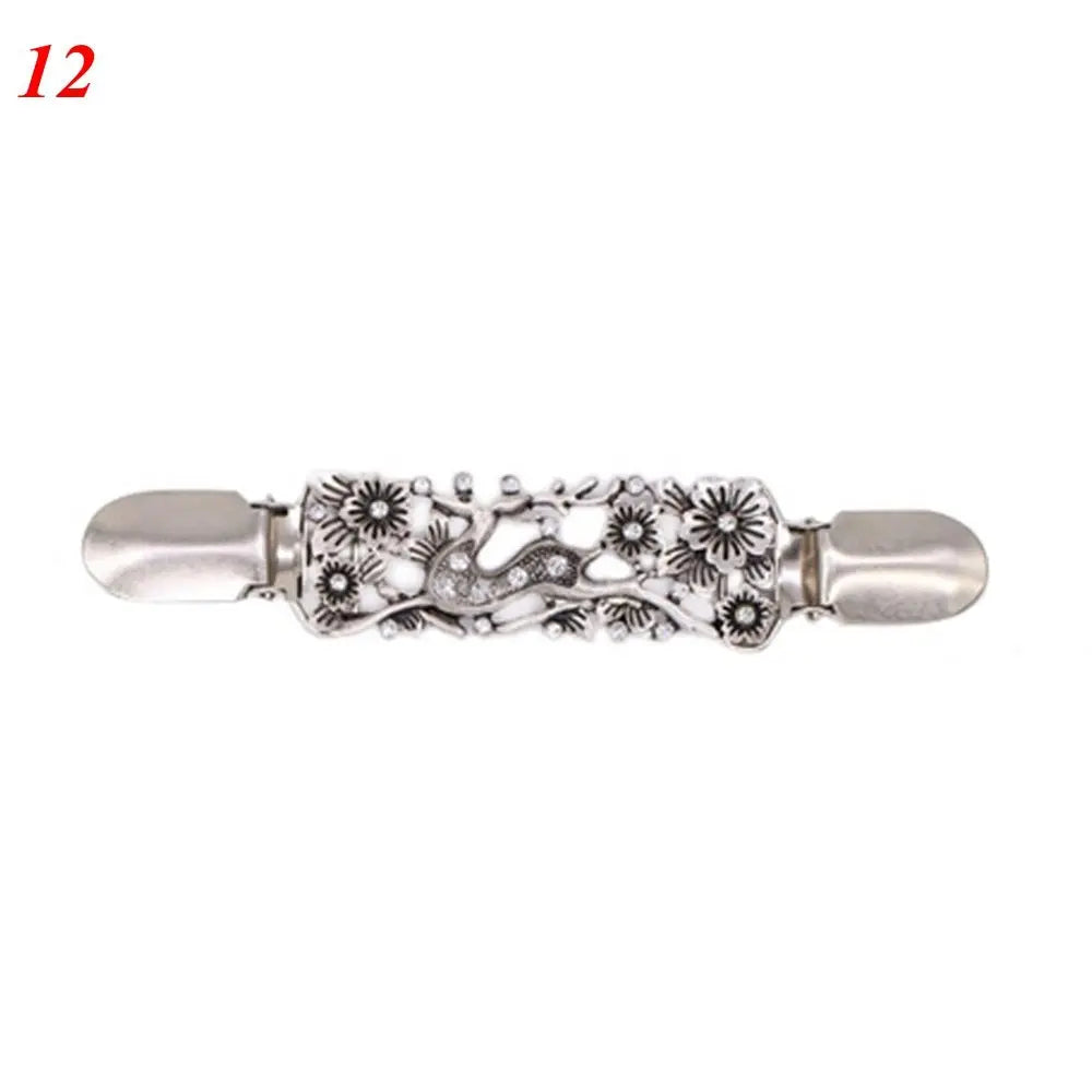 Women Carved Flower Cardigan Sweater Blouse Shawl Clips Shirt Collar Shawl Brooch Retro Duck Clip Clasps Charm Accessories Gift - Metal color NO.12