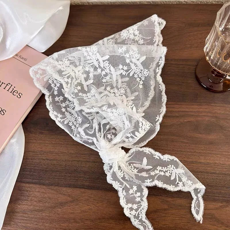 White Woven Floral Lace Hair Scarf Wraps Women Retro Triangle Headscarf Hat Travel Photo Headband Hair Accessories - Color D