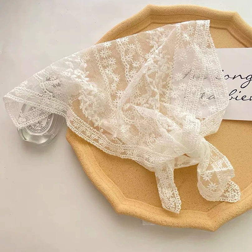 White Woven Floral Lace Hair Scarf Wraps Women Retro Triangle Headscarf Hat Travel Photo Headband Hair Accessories - Color 9C
