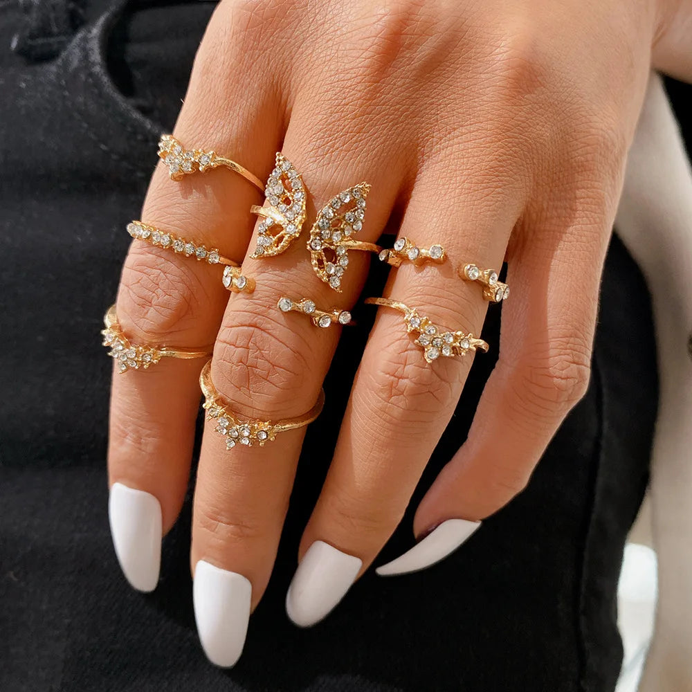 Bohemian Butterfly Pearl Rings Set for Women Shine Pearl Gothic Vintage Plated Retro Rhinestone Simple Finger Jewelry Gift - Main Stone Color 5468201