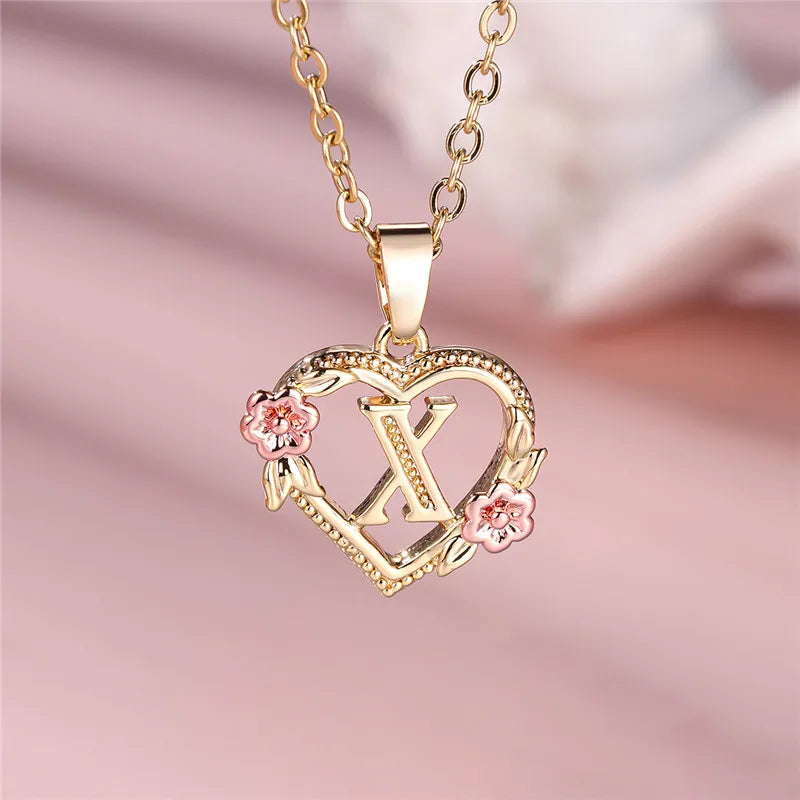 Female A-Z Letter Flower Pendant Necklace Yellow Gold Color Wedding Jewelry Gift For Women - Metal color X