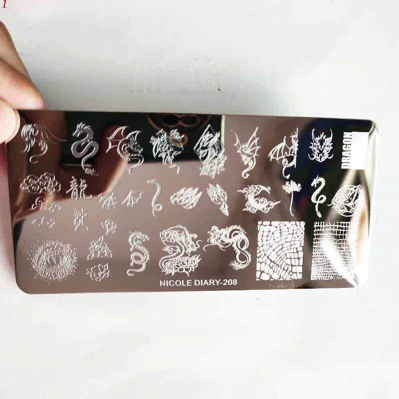 Color: Brown - Cute Cartoon Animal Nail Stamping Plates Cartoon Cat Mermaid Girl Gragon Brand Image Stainless Steel Stencil Nail Art Template