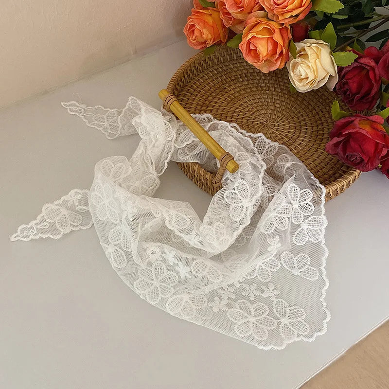 White Woven Floral Lace Hair Scarf Wraps Women Retro Triangle Headscarf Hat Travel Photo Headband Hair Accessories - Color A