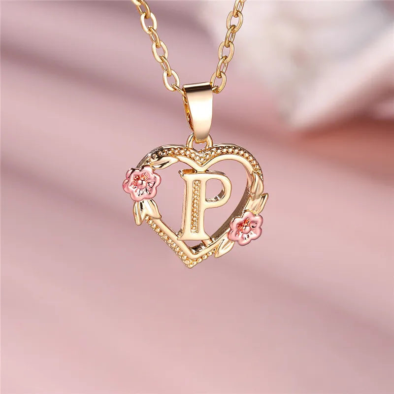 Female A-Z Letter Flower Pendant Necklace Yellow Gold Color Wedding Jewelry Gift For Women - Metal color P