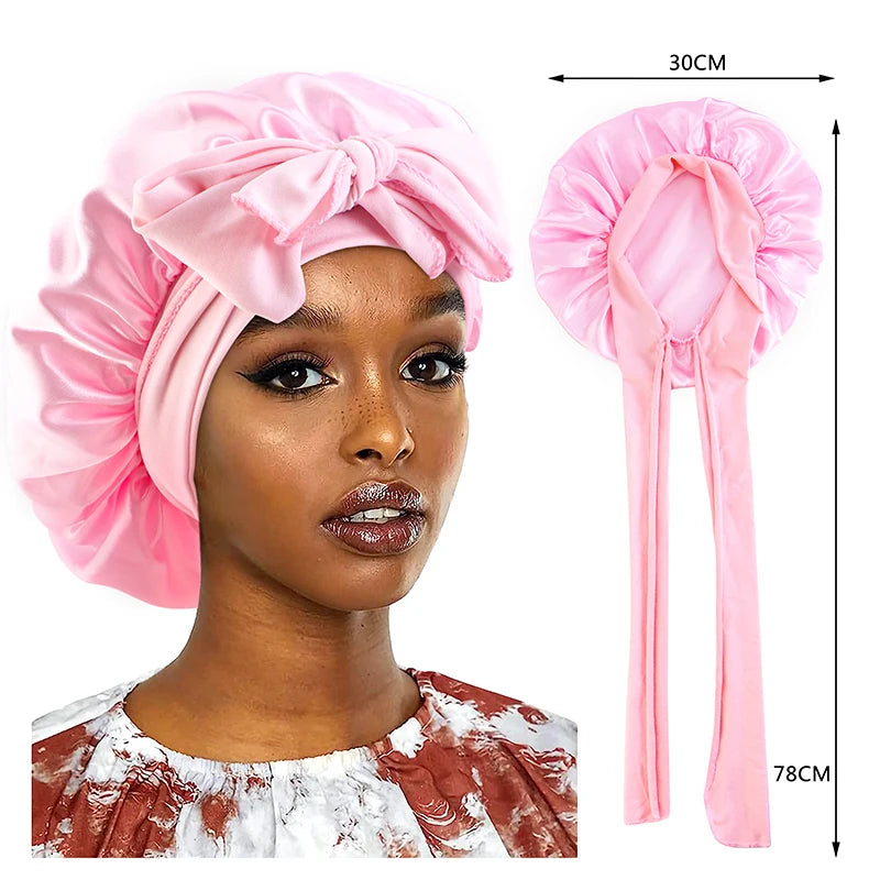 New Satin Sleeping Cap For Women Solid Wide Band Stretch Head Tie Silky Bonnet Edge Wrap Nightcap Hair Care Shower Head Cover - Color Pink