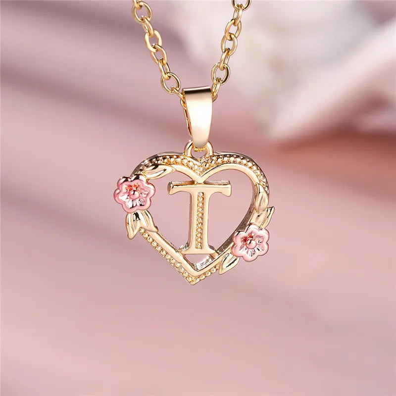 Female A-Z Letter Flower Pendant Necklace Yellow Gold Color Wedding Jewelry Gift For Women - Metal color T