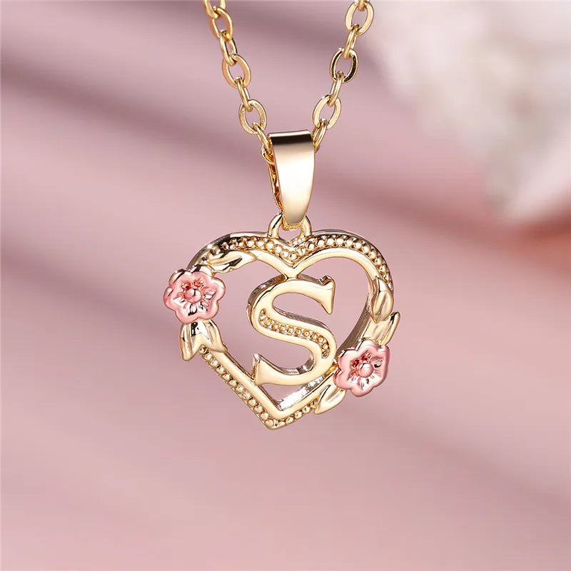 Female A-Z Letter Flower Pendant Necklace Yellow Gold Color Wedding Jewelry Gift For Women - Metal color S
