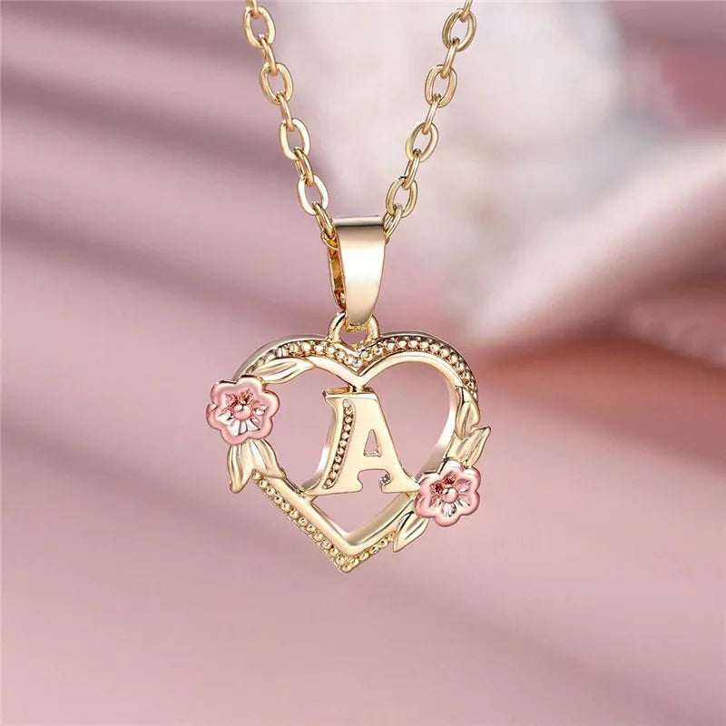 Female A-Z Letter Flower Pendant Necklace Yellow Gold Color Wedding Jewelry Gift For Women - Metal color A