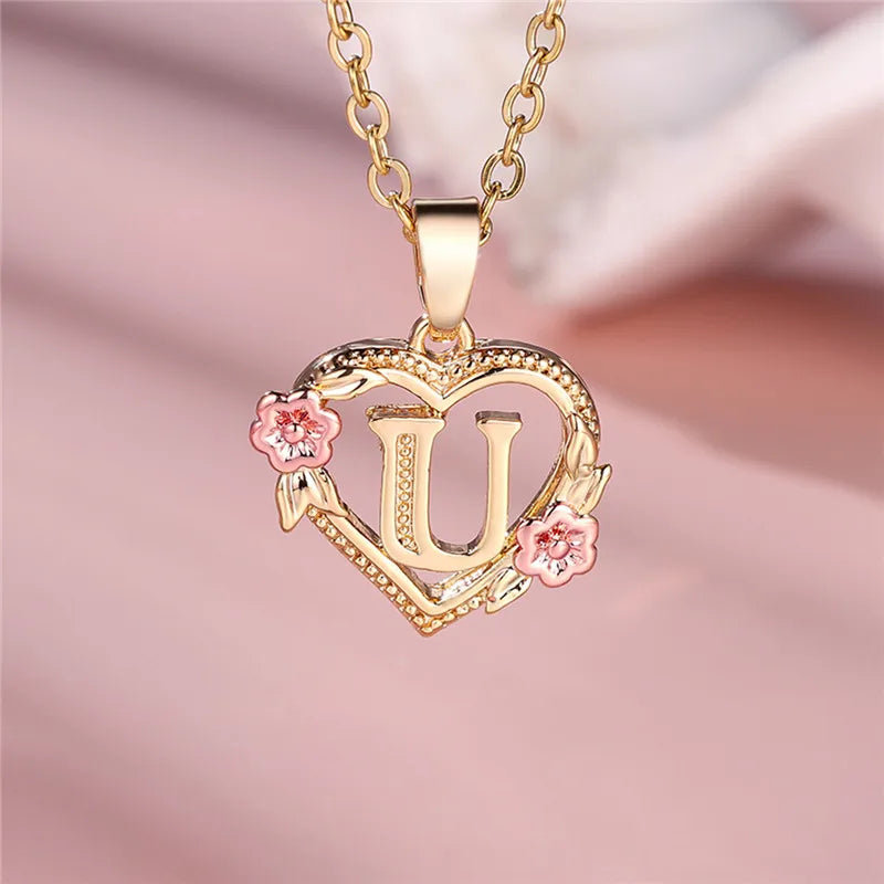 Female A-Z Letter Flower Pendant Necklace Yellow Gold Color Wedding Jewelry Gift For Women - Metal color U
