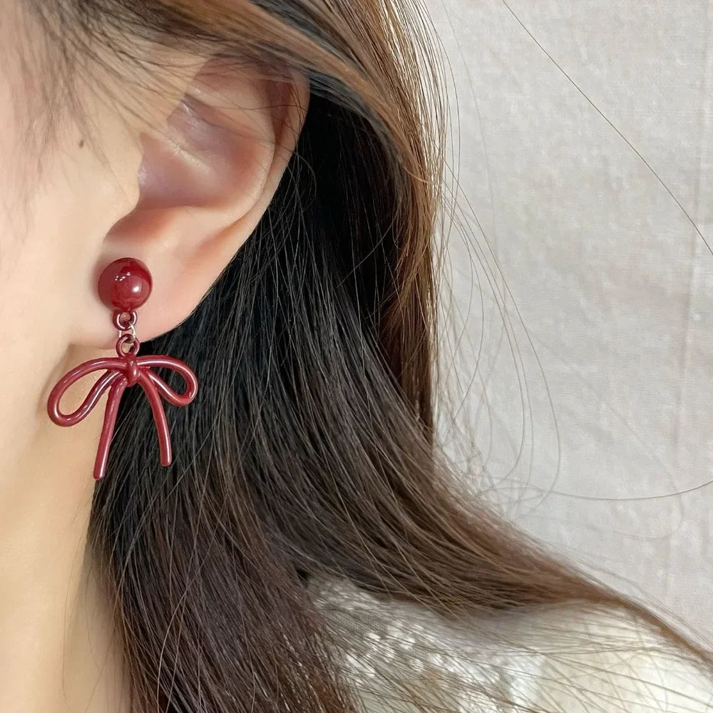 Retro Style Red Bowknot Stud Earrings for Women Girls Simple Earings Piercing Ballet Ribbon Aesthetics Elegant Ear Jewelry Gifts